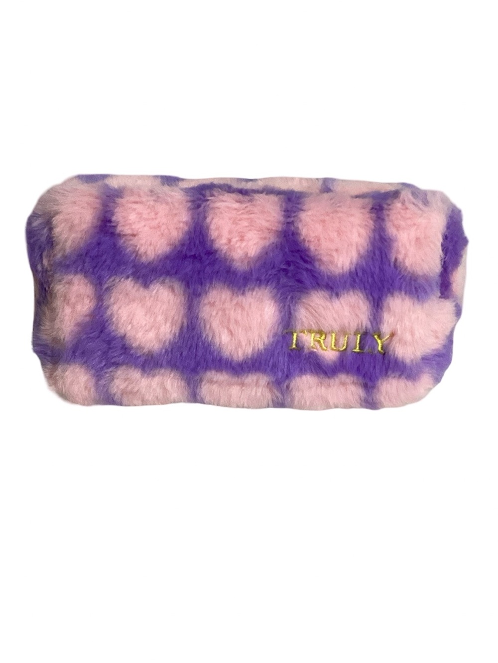 Truly Beauty Plush Fuzzy Soft Purple w/ Pink Hearts Cosmetic Makeup Bag Pouch